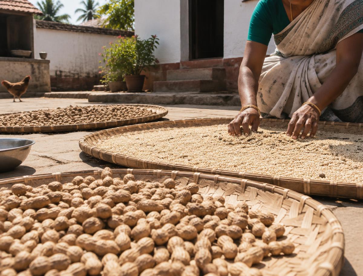 Groundnuts and sesame drying in the sun on bamboo mats
