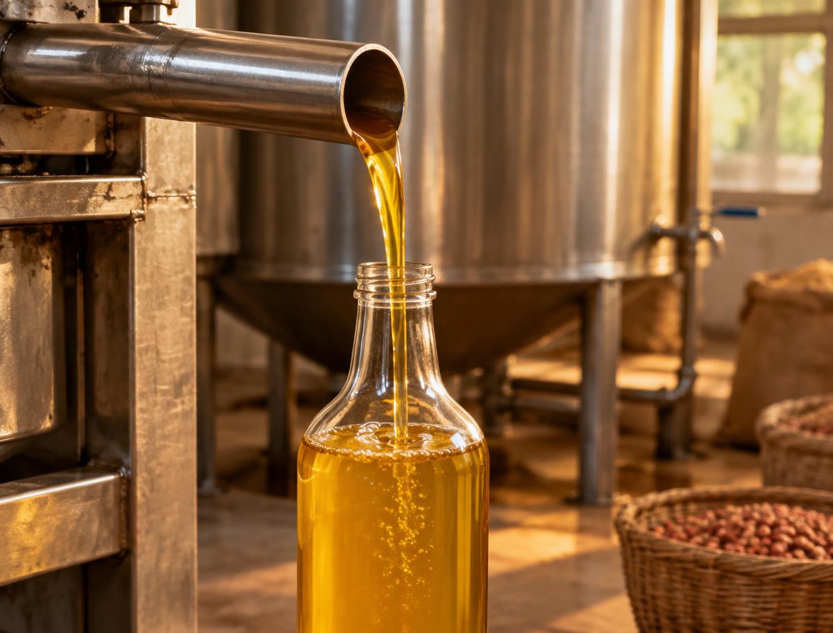 Fresh wood pressed oil filled into a glass bottle