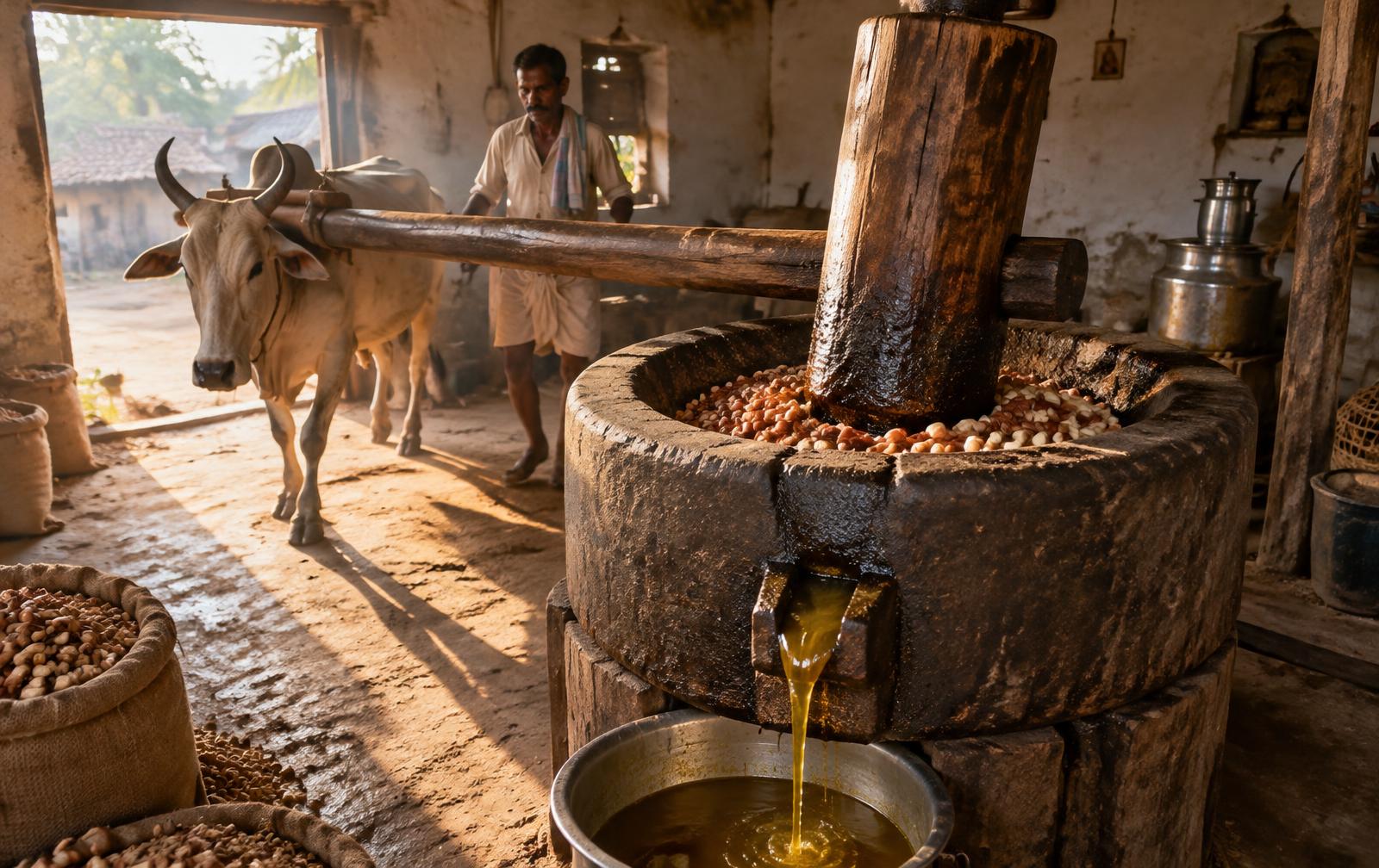 Traditional wooden oil press (chekka ganuga) making groundnut oil